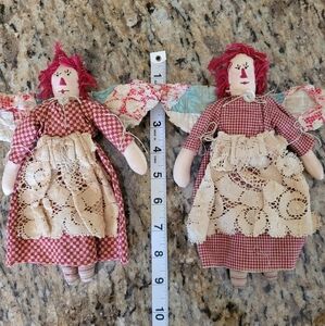 VTG 2 Raggedy Ann Fabric Angel Sister Ornaments Gingham Embroidery Quilt Country